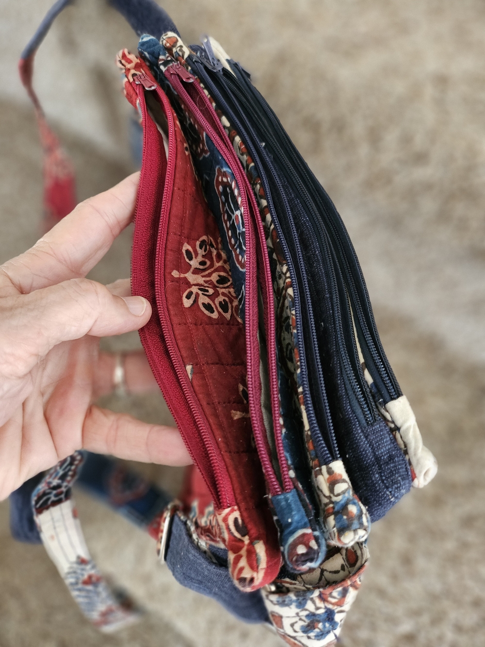 Quilted Red & Blue Floral Fabric Crossbody Multi Pocket Shop Or Travel Bag